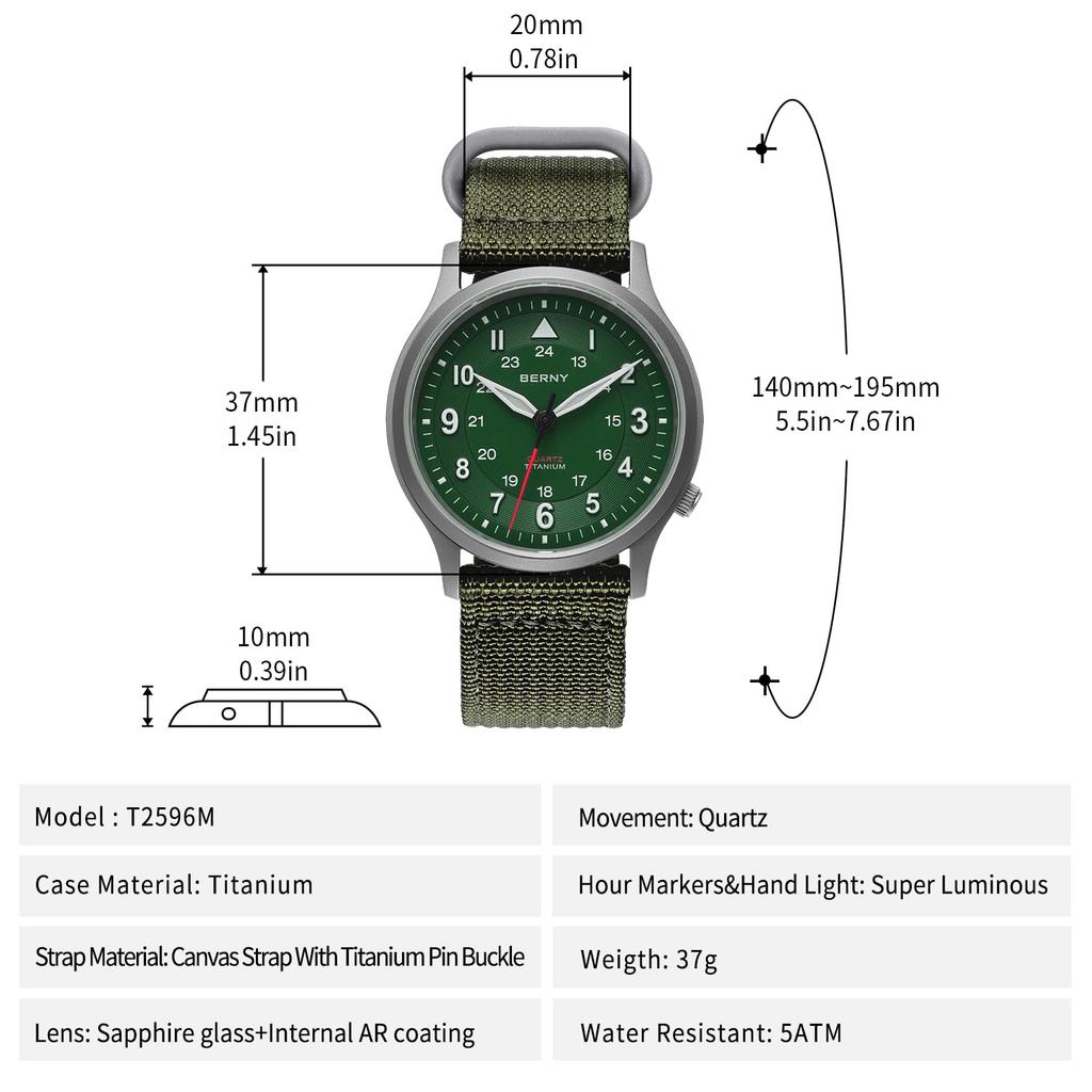 BERNY Titanuhr mit japanischem Quarzwerk mit schleichender Sekunde, analoge Quarzuhr für Herren und 5 ATM wasserdicht und Canvas-Armband, Herrenuhr (VH31), Frauen,