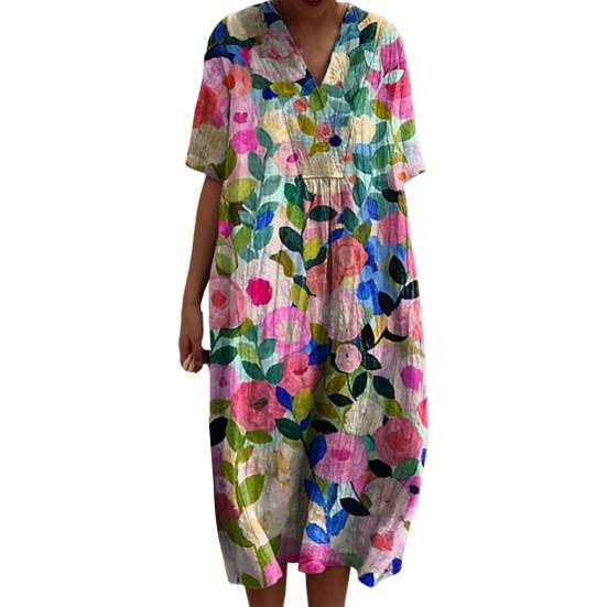 Abito Estivo a Maniche Corte con Scollo a V Abito Casual A-Line Stile Bohemien Abito Pullover per Festa Uso Quotidiano Vacanza