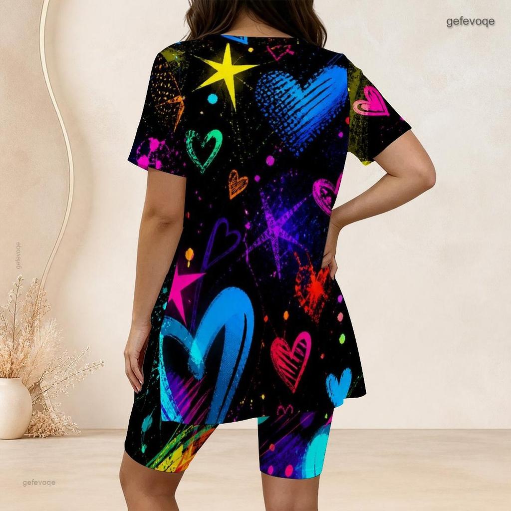 Women Plus Size 2 Piece Set Crew Neck Short Sleeve Side Slit Top Biker Shorts Neon Graffiti Heart Star Print Outfit