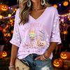 Women's V-Neck Three-Quarter Sleeve Halloween Print Blouse for Costume Party Seasonal Wear