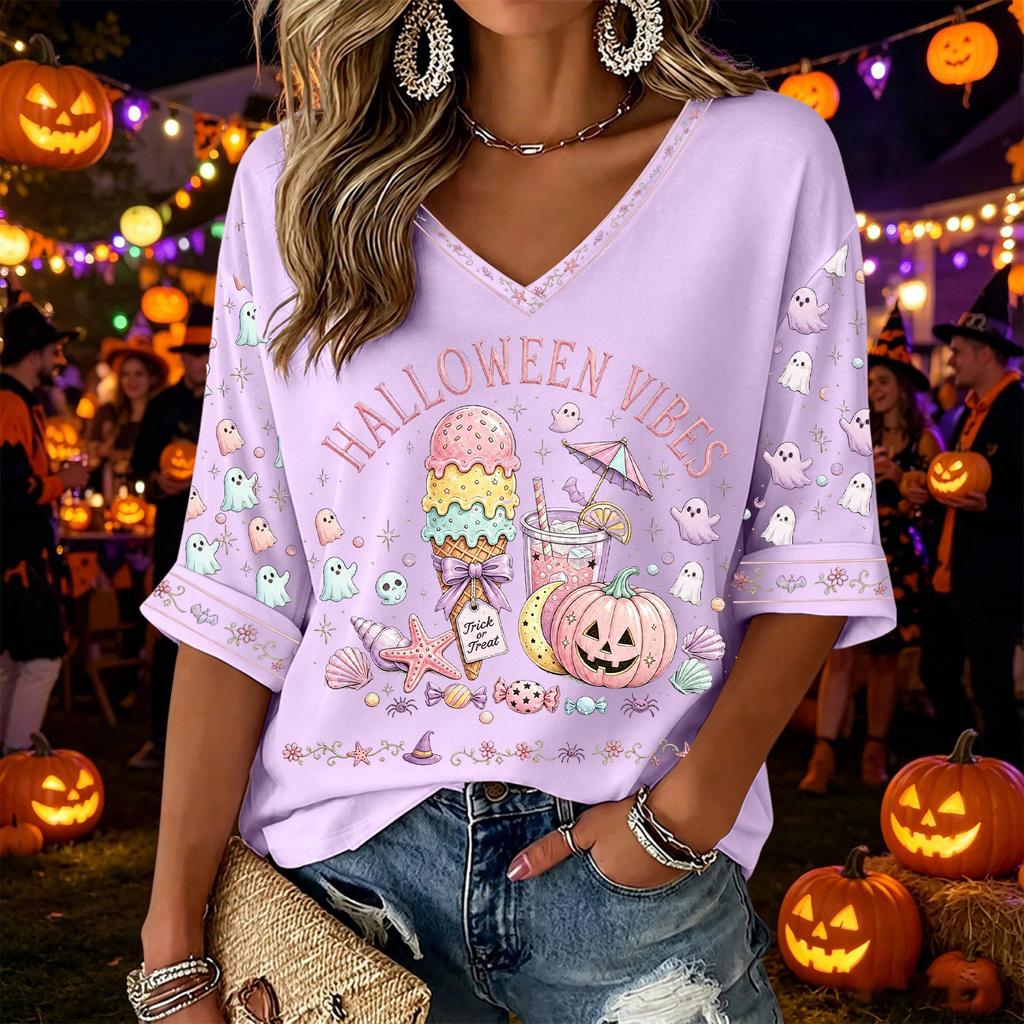 Women's V-Neck Three-Quarter Sleeve Halloween Print Blouse for Costume Party Seasonal Wear