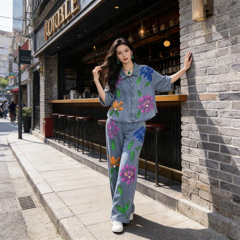 Womens Denim 2-Piece Set Sequin Embroidered Shirt Relaxed Pants 2026 Casual Outfit