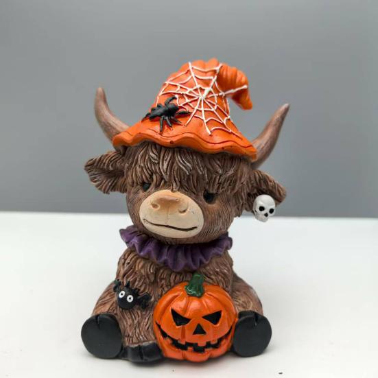 1/2Pcs Halloween Highland Cow Figurine Pumpkin Skull Highland Cattle Statue