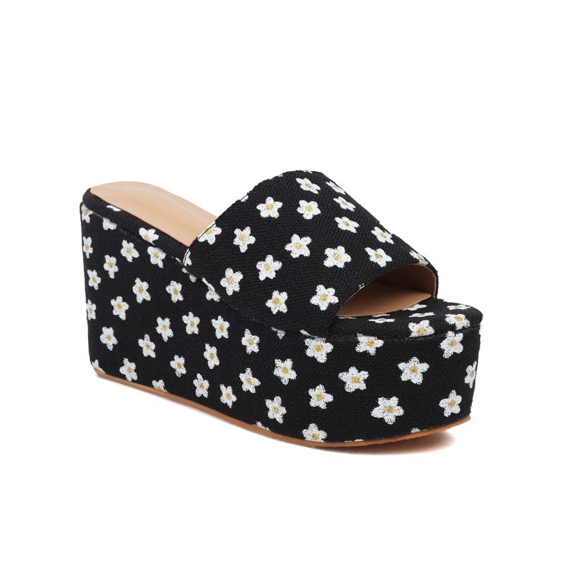 ANNYMOLI/женские шлёпанцы с круглым носком на плоской платформе, тапочки на высоком каблуке, сандалии с цветочным узором, пикантная женская модная обувь, летняя черная, бежевая, 46 33 чёрный