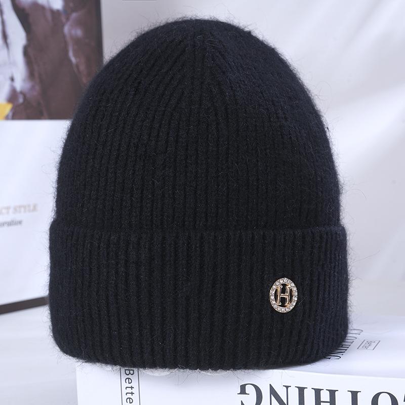 

Женская зимняя теплая вязаная шапка из кроличьей шерсти в корейском стиле, универсальная, утолщенная флисом, ветрозащитная шерстяная шапка