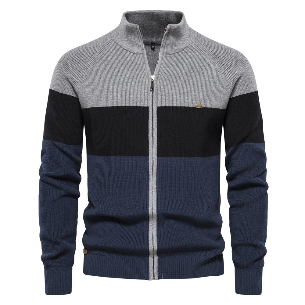 2026 New Autumn and Winter Patchwork Color Sweater for Men Zipper Cardigans for Men High Quality Youth Men Cotton Sweater S 55-65 kg серый