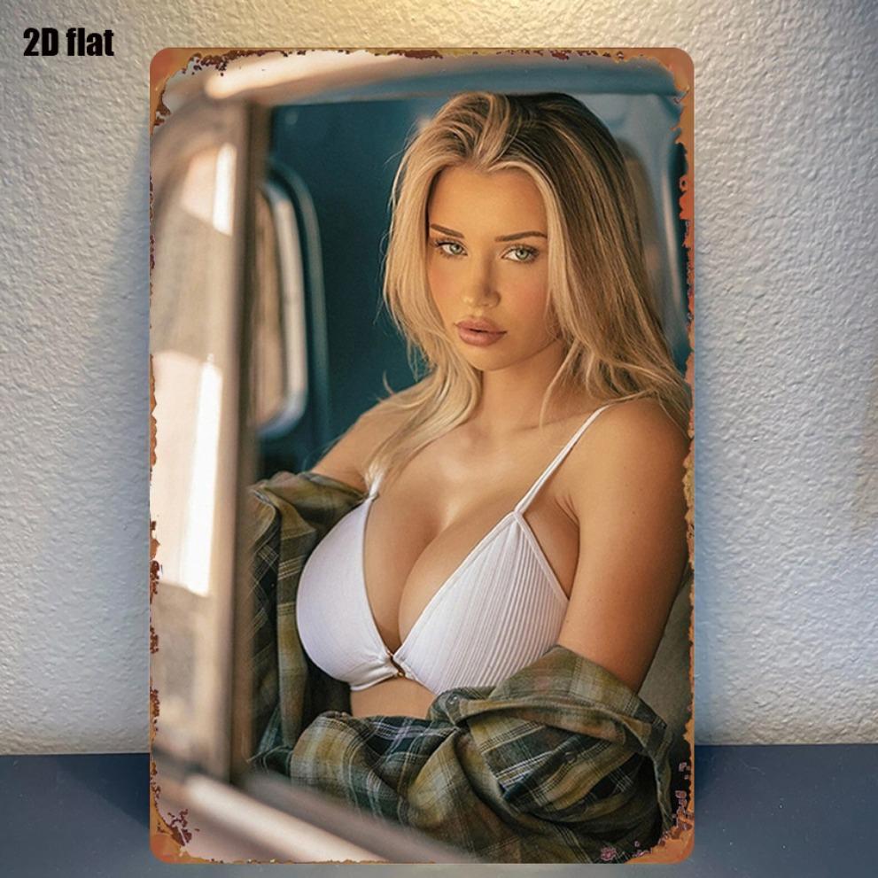 Retro Blonde Woman In Car Metal Tin Sign Vintage Aluminum Wall Art Decor High Definition Durable Iron Plate for Home Bar Garag