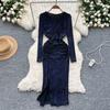 Women's Sequins Glitter Dress Autumn Pleated Waist Slim Split Package Hip Dress