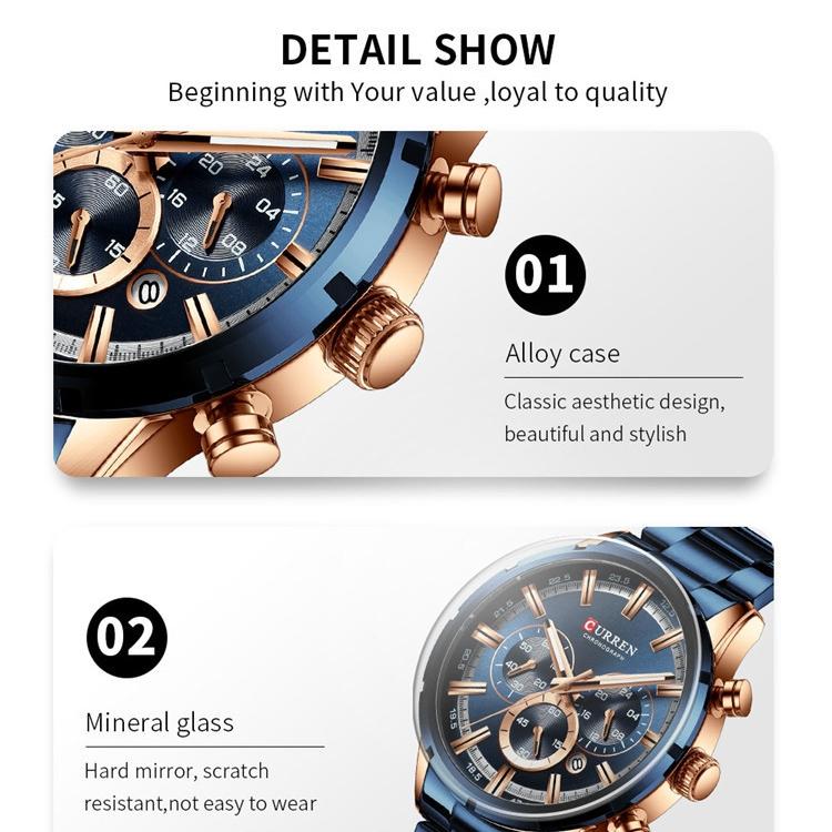 CURREN Steel Strap Watch Simple Calendar Large Dial Business Watch Waterproof Men's Fashion