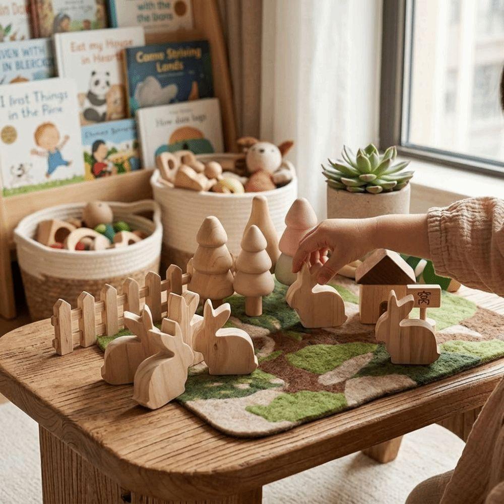 6Pcs Standing Easter Rabbit Ornaments Unfinished Handmade Wooden Bunny Decorative Handicraft Realistic Easter Rabbit Figurine