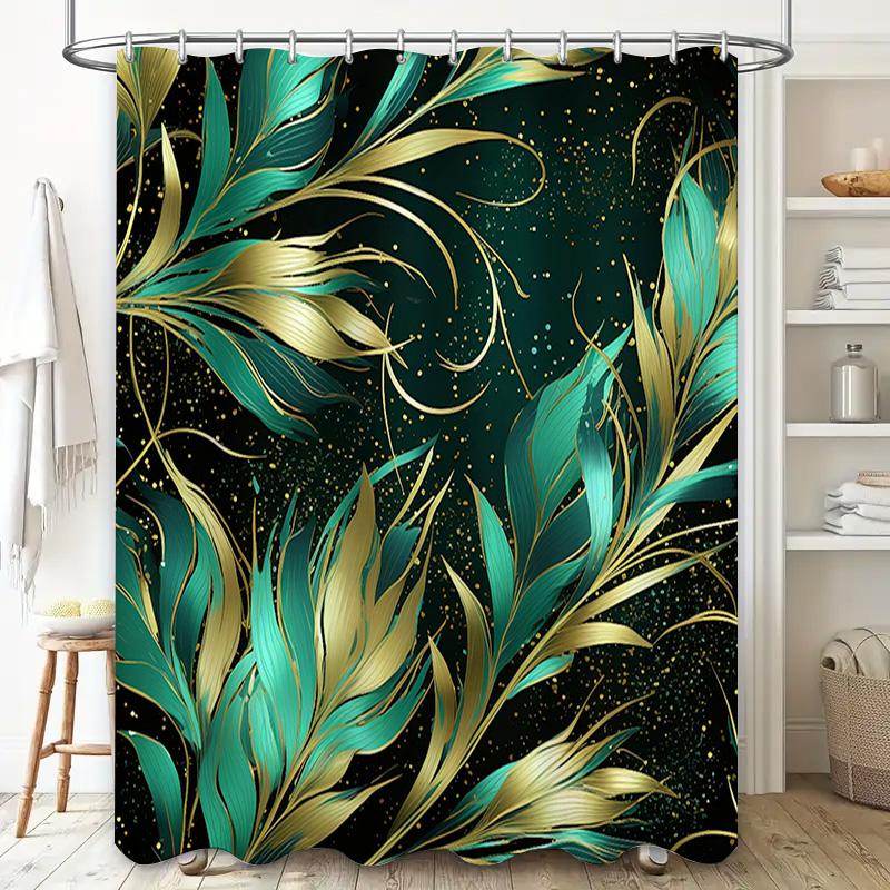 Green Gold Shower Curtain Luxurious Feather Pattern Decorative Fabric Bath Accessories Modern Bathroom Home Improvement Decorati