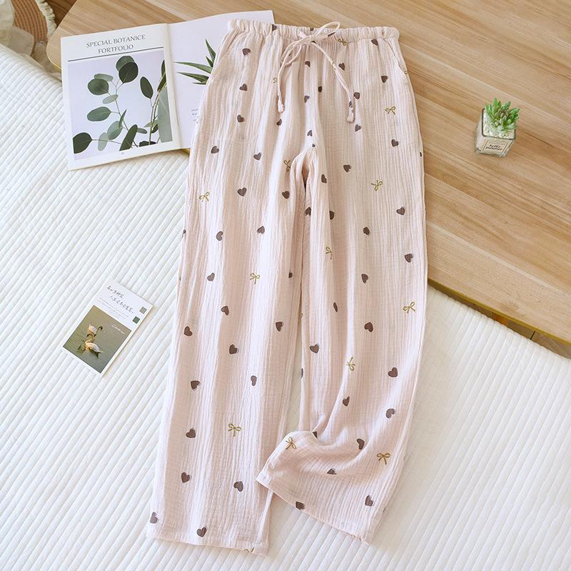 2026 New Spring/Summer Women's Sleeper Pants 100%Cotton Crepe Printed Love Floral Pants Thin Home Pants Bottoms Womens Sleepwear