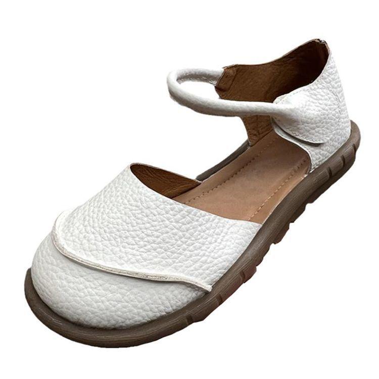 2025 summer new white flat bottom round head soft bottom bag head word with Velcro literary casual sandals women