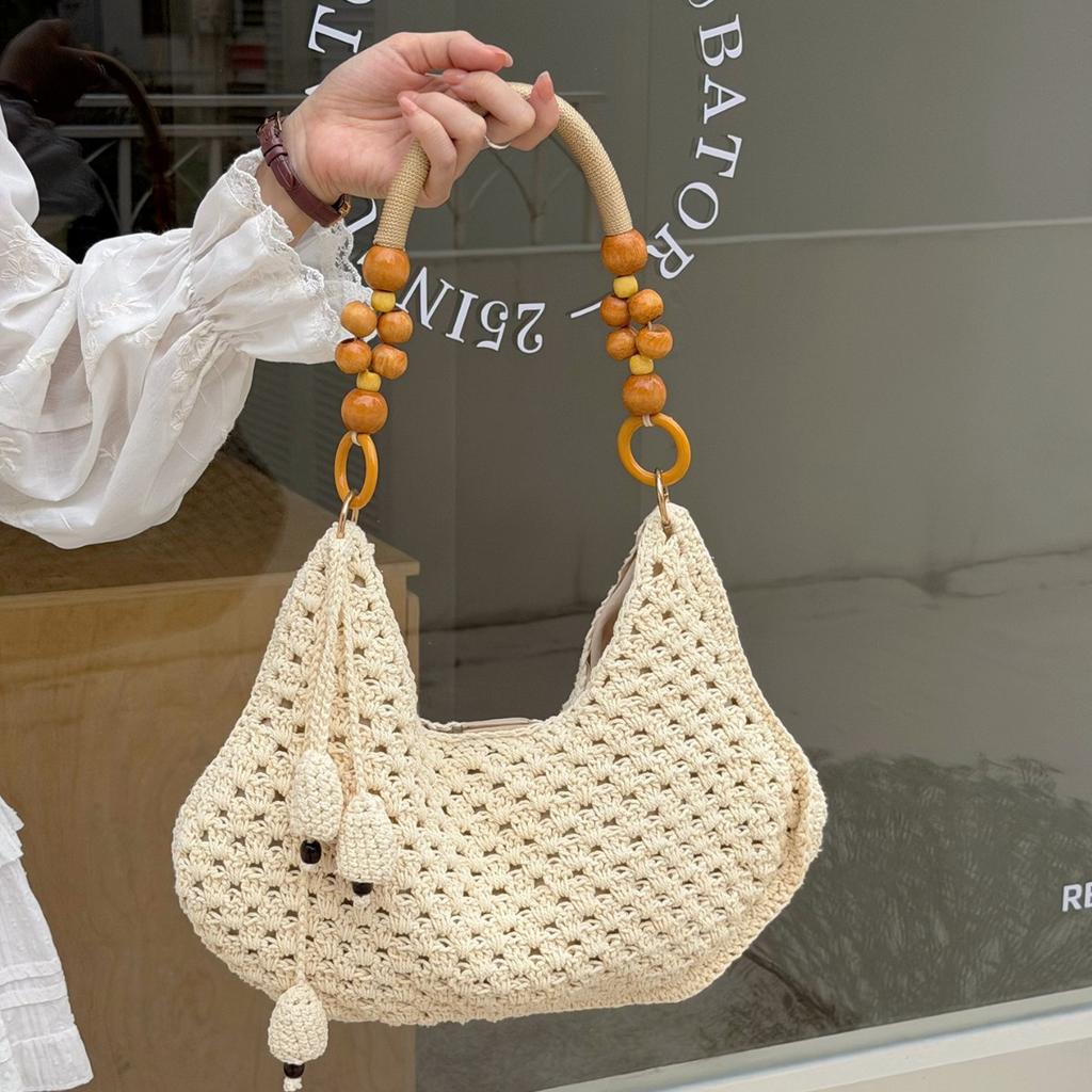 Woven Bag - Women's Beaded Artsy Style Hollow Large Capacity Beach Style Shoulder Bag