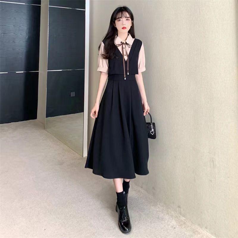 

Mori-Kei Polo Collar Dress: New Summer Style, Faux Two-Piece, Flattering Tummy-Covering Design. S (suggested for 80-95 lbs)
