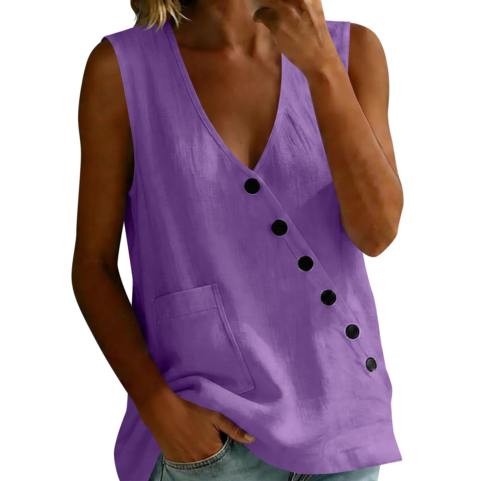 

Women s Color V-neck Sleeveless Vest Top Button Inch Shirt L фиолетовый