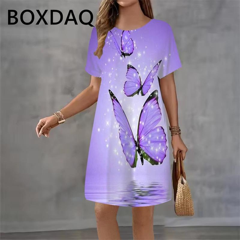 Colorful Butterfly Floral Print Mini Dress Round Neck Short Sleeve Casual Mini Dress Women Summer Dresses