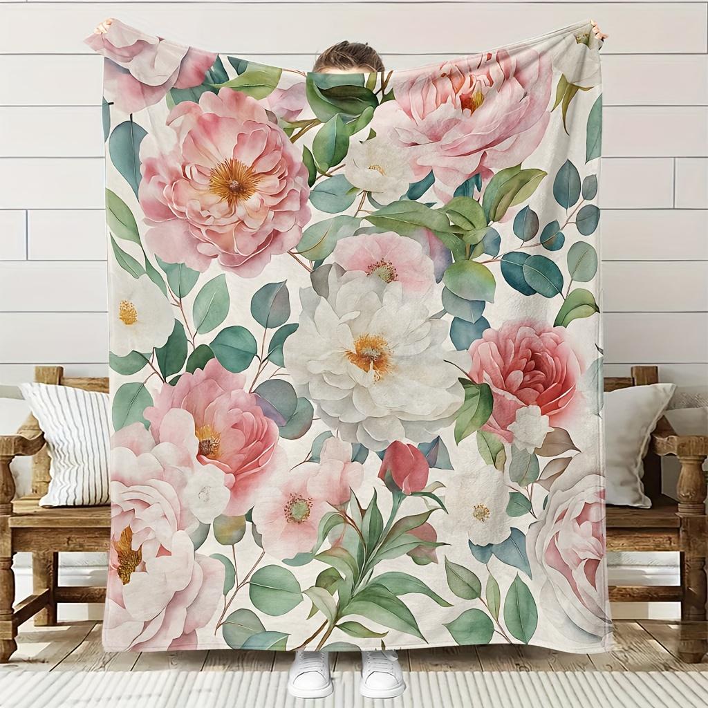 Luxury Floral Fleece Blanket Soft AllSeason Bedspread with Elegant Pink Green Brown Golden Green Floral Patterns Plus