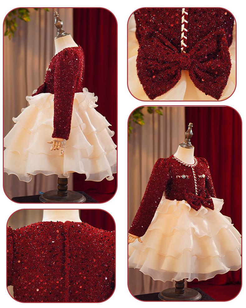Girls' Wine Red Sequin Skirt with Bow & Tulle - Autumn/Winter Formal Christmas Dress
