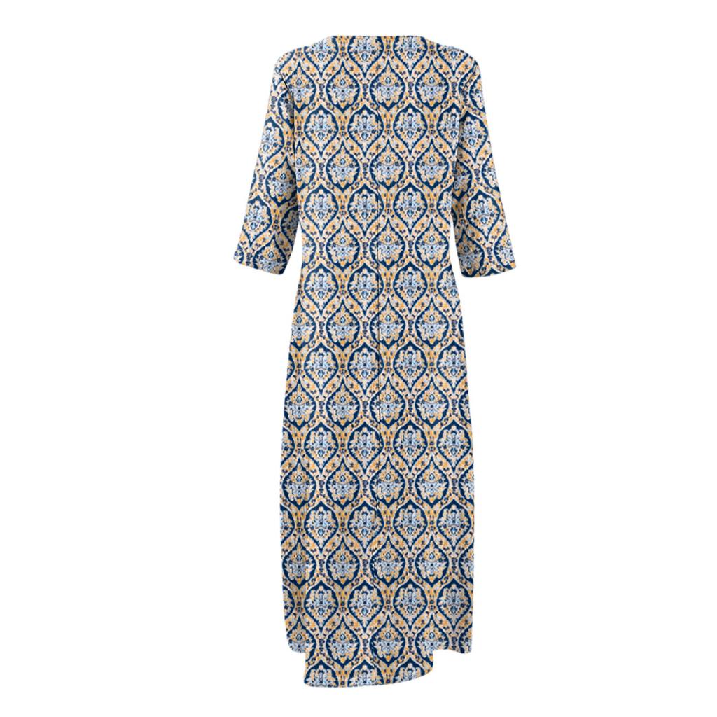 Dresses For Womens Vintage Print Tunic Waisted Midi Dress Summer Casual 3/4 Sleeve Dress