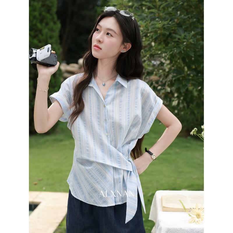 Luxiangnan Blue Striped Short-Sleeve Shirt L