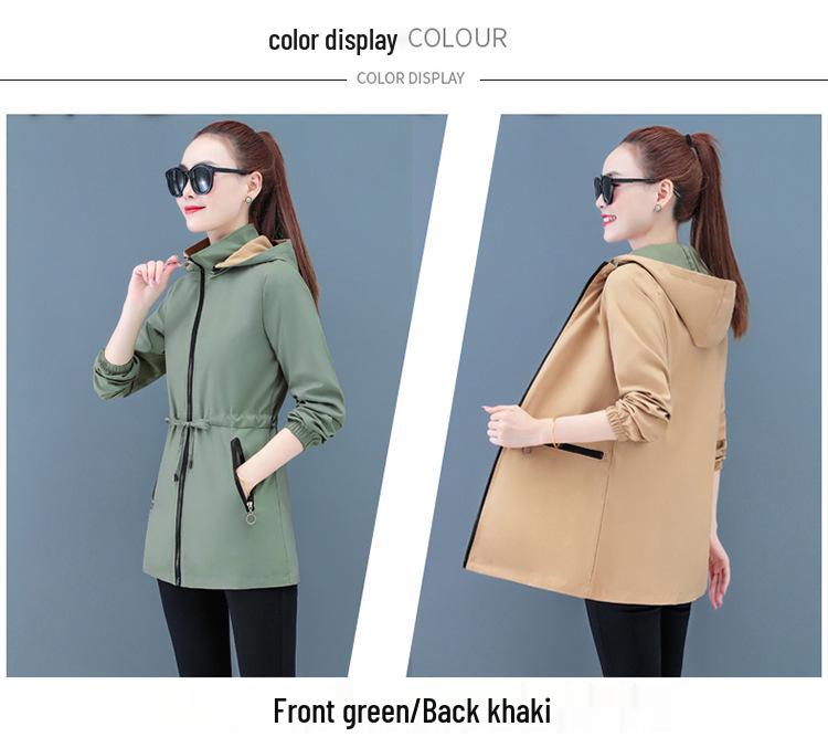 Women's Double-Sided Mid-Length Hooded Trench Coat with Detachable Elastic Waist and Zipper Pockets for Spring and Autumn