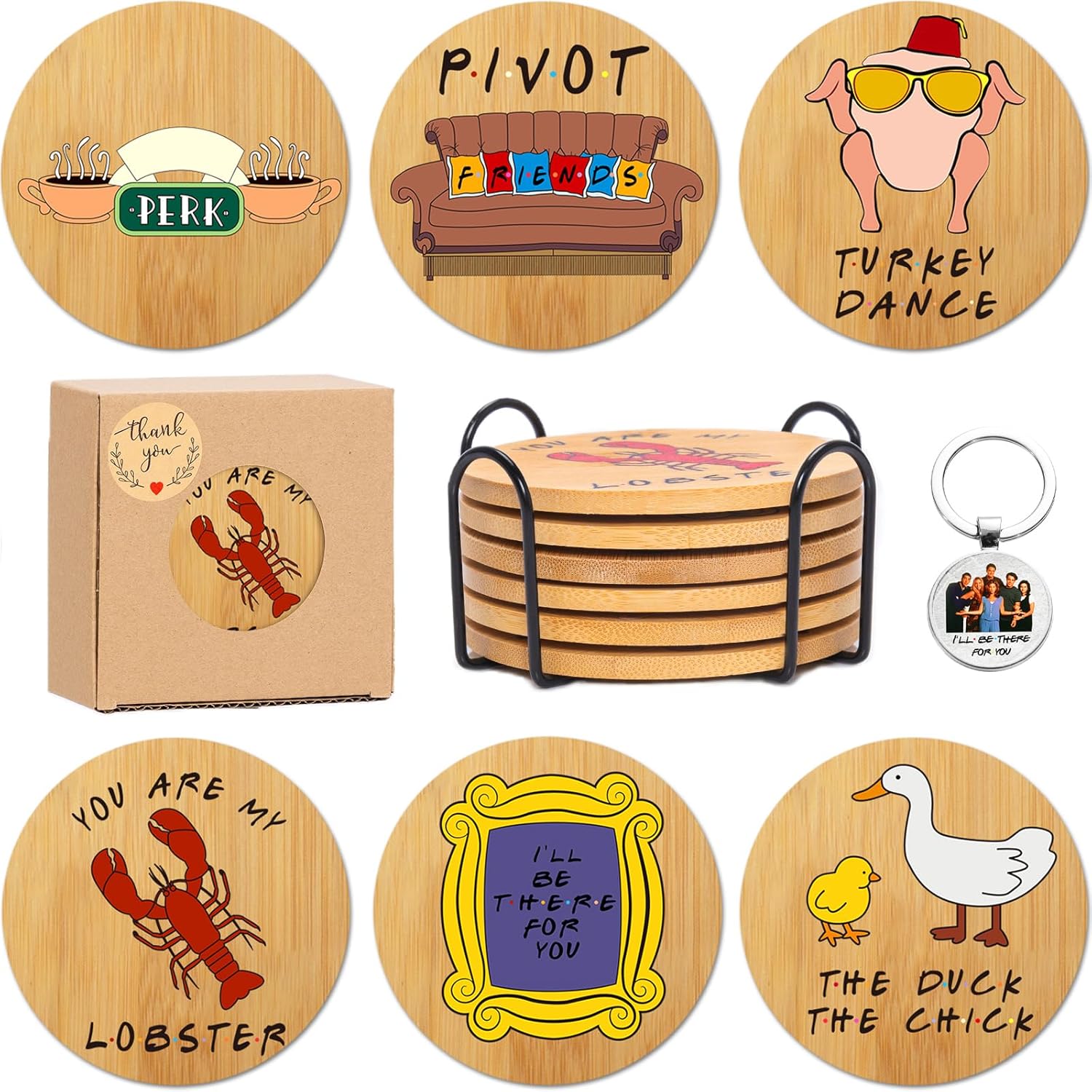 Friends Merchandise Coasters for Drink, TV Show Merch Gifts for Fans, Housewarming Presents for Friends, Kitchen Decor Wooden Set with Holder, 6