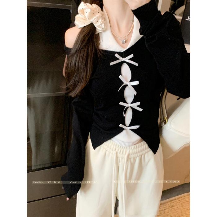 

MR [Soothing Velvet] Design Sense Bow Off-Shoulder Fake Two-piece Knitted Sweater Women s Autumn Spice Girls Irregular Top S чёрный