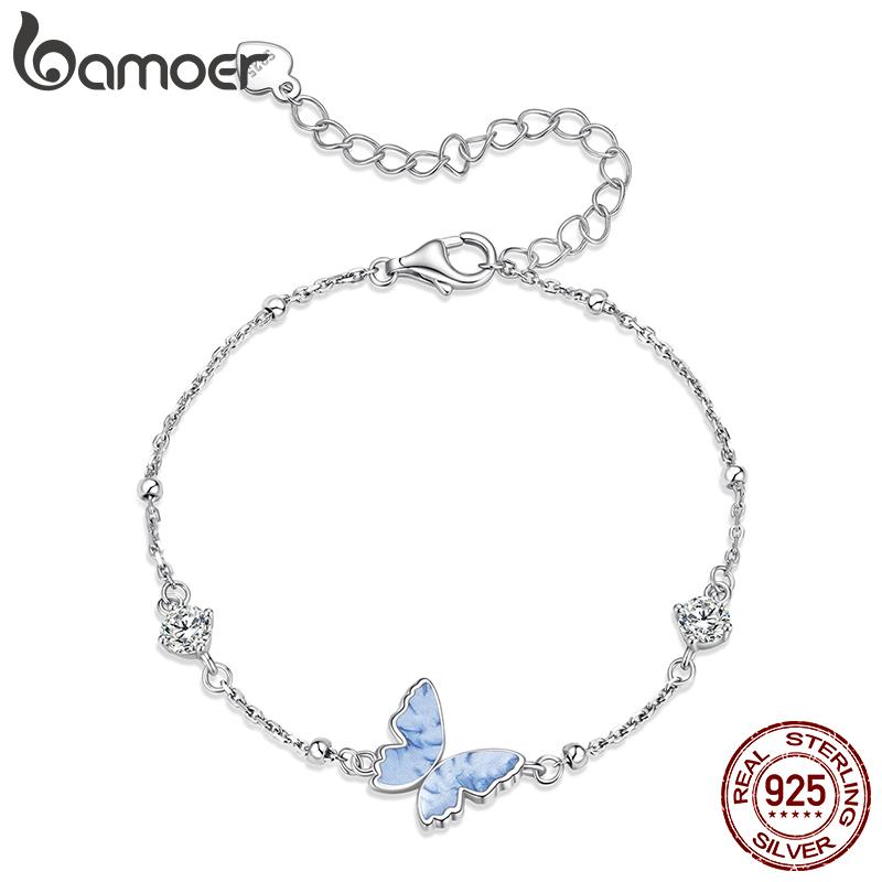 Bamoer 925 Silver Butterfly Charm Bracelet Lightweight CZ Beads Link Chain for Women Teens Gift Natural Wrist Decor