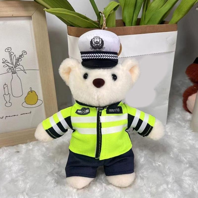 Plush Bear Charm Keychain Lovely Animal Police Backpack Handbag Charm Pendant