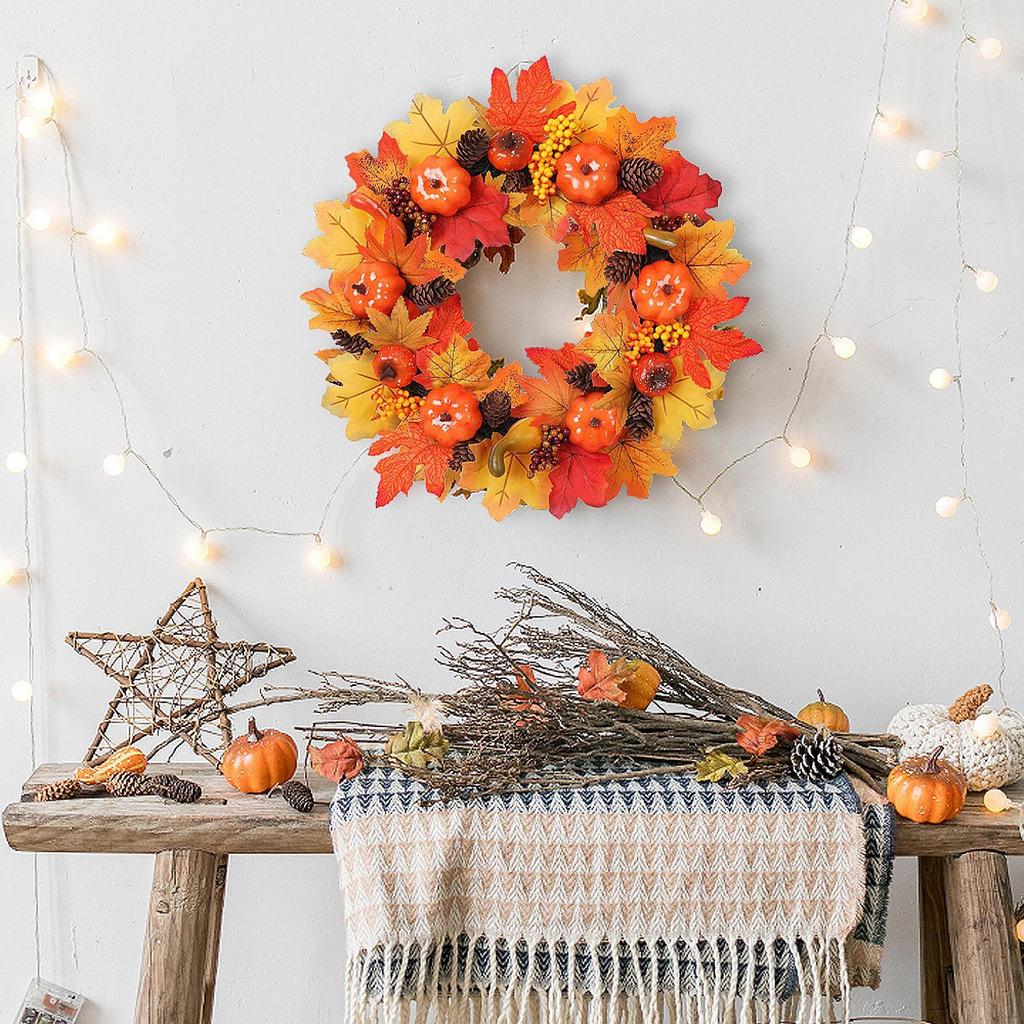 Fall Wreath, Artificial Maple Leaves Decor with Fake Pumpkins, Holiday Home Decoration for
