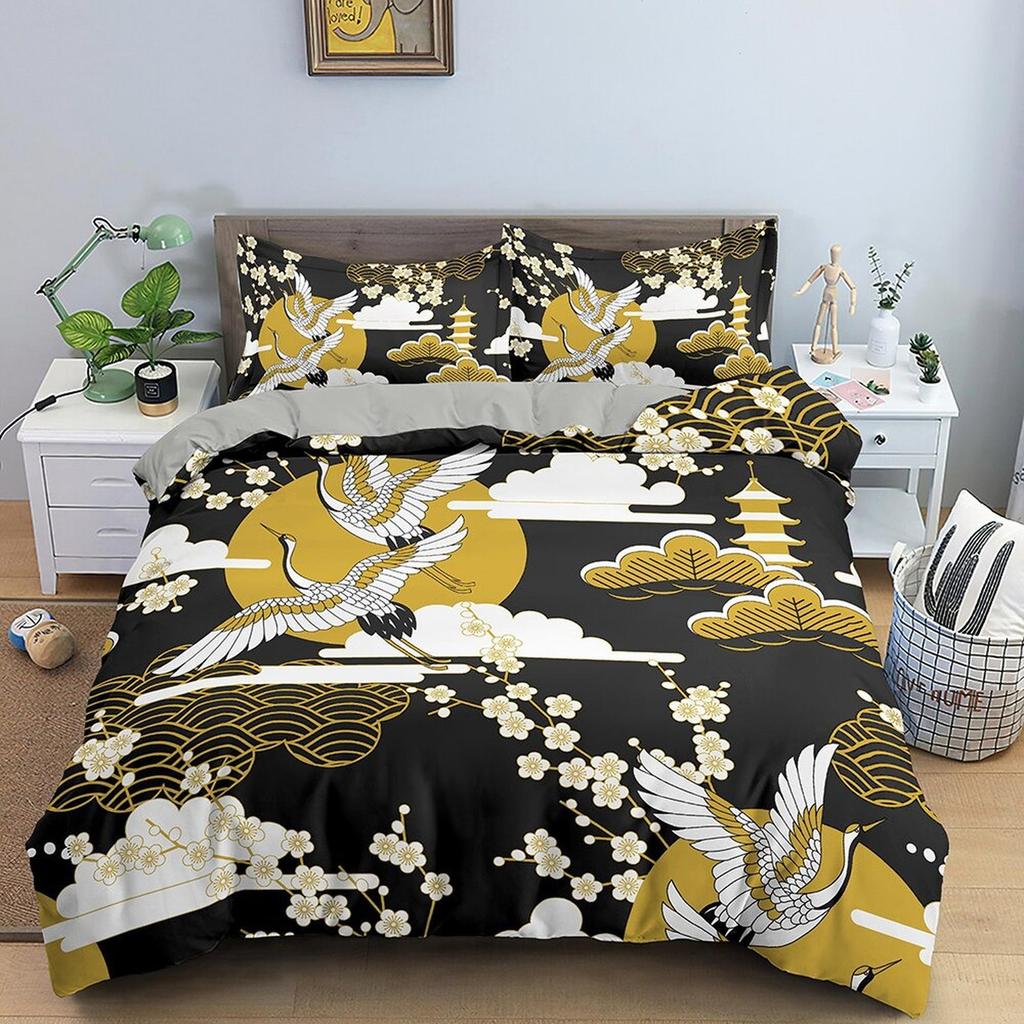 Black oriental bedding, crane bird and cherry blossom prints on Japanese style duvet cover set for king, queen, full, twin, single bed