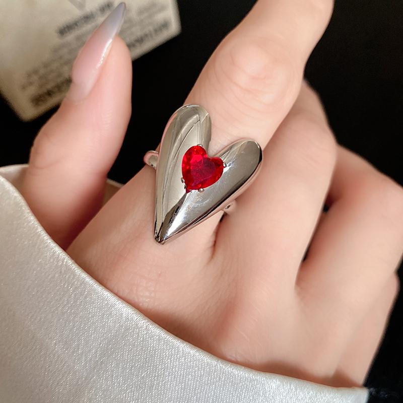 Red Zircon Smooth Heart-Shaped Open Ring Simple  Finger Rings Jewelry For Women