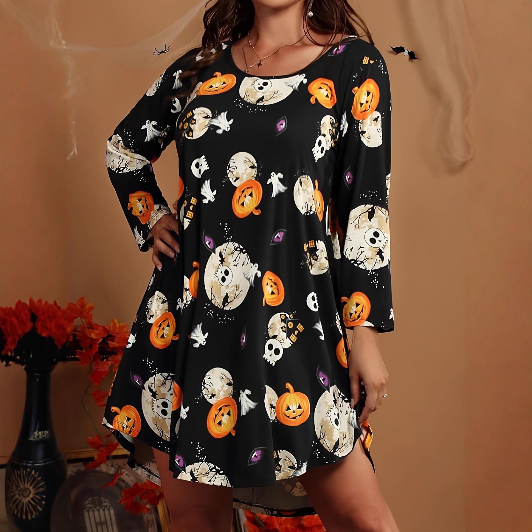 

Plus Size Women s Halloween Pumpkin Nine-Sleeve Dress - Autumn/Winter Round Neck Elegance 4XL чорний