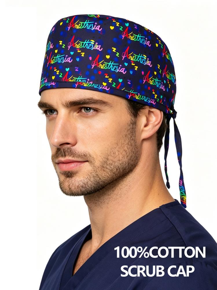 Cotton Printed Scrub Cap For Anesthesiologist Unisex Adjustable Tie Back Medical Operating Room Hat With Sweatband