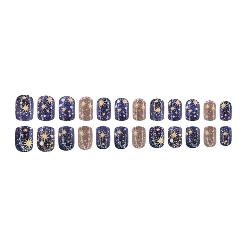 24 Pcs Astral Stick on Nail Colorful Artificial Nail Short Square False Nail Glossy Press On Nail for Woman Girls