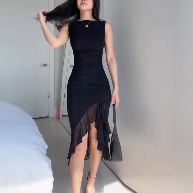 Evropské a americké dámské letní volánový lem temperamentní slim fit jednobarevné šaty bez rukávů bez zad