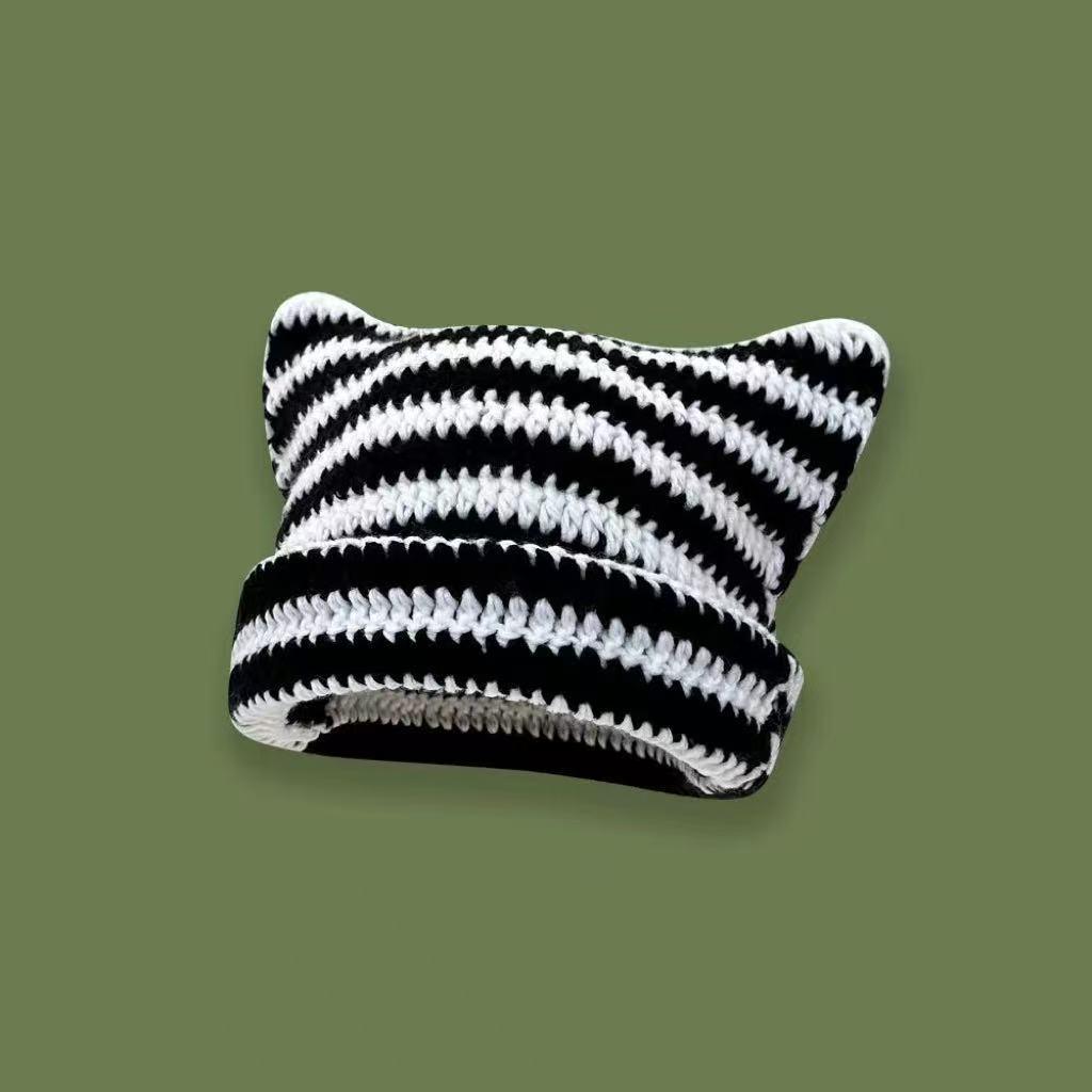 Korean Style Knitted Kitten Ears Beanie - Striped, Warm, Unisex Wool Hat for Students