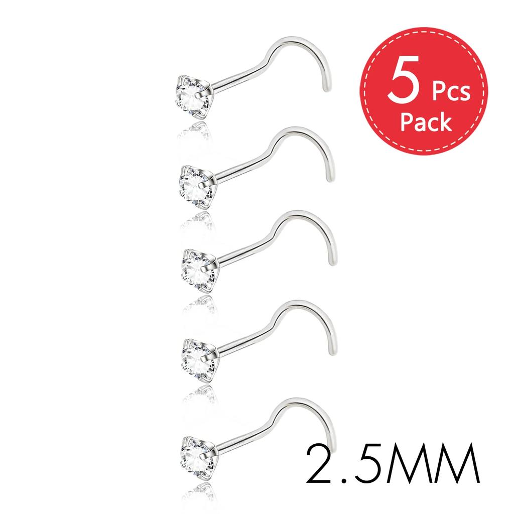 5Pcs CZ Gem Stainless Steel Nose Piercing Stud Crystal Nariz Body Jewelry S L Bone Shape Nostril Rings for Women Girl 20g 0.8mm