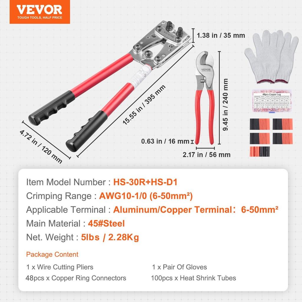 Battery Cable Lug Crimping Tool, 10-1/0AWG with Cable Cutter and 95PCS Copper Ring Terminals, 6 Wire Sizes Crimping Die and 100pcs Heat Shrink Tubes,