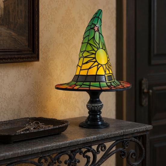 Stained Glass Witch Hat Lamp, USB Powered Night Light for Bedroom Shelf Decor, Halloween Warm Glow Gothic Table Lamp for Home