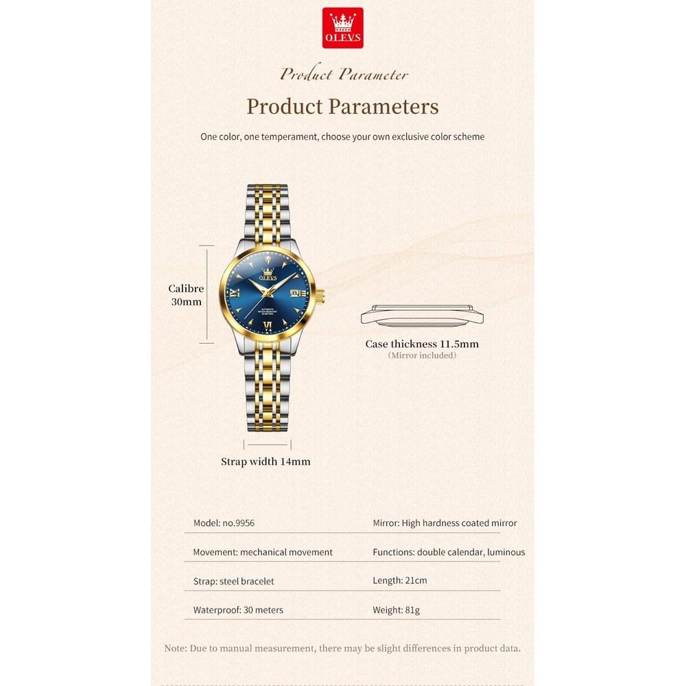OLEVS Ladies Automatic Watch L9956 Two-tone Band Blue Dial Gold Luxury Diamond Waterproof Luminescent Date Elegant