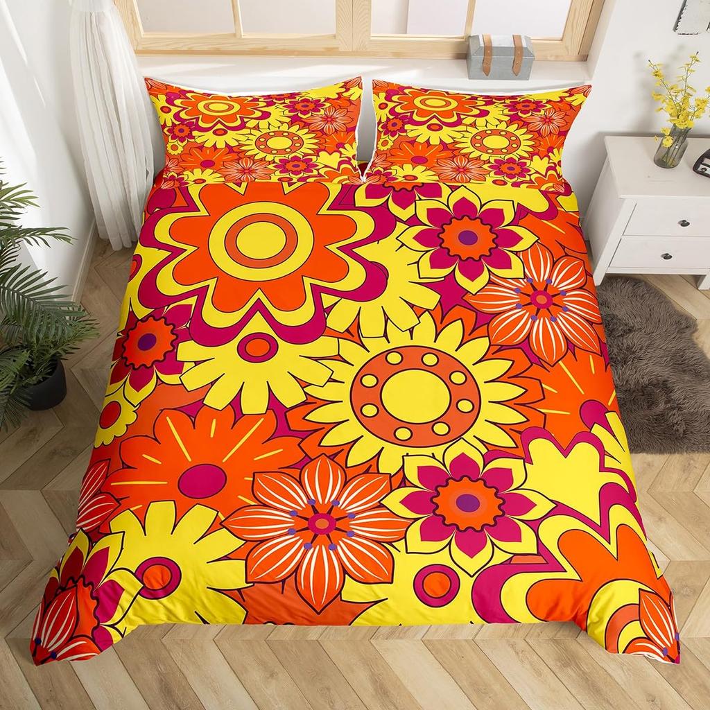 Erosebridal 60S 70S Hippie Duvet Cover Twin Vintage Boho Sun Bedding Set Groovy Flowers Clouds Love Hearts Comforter Cover for Kids Girls Te