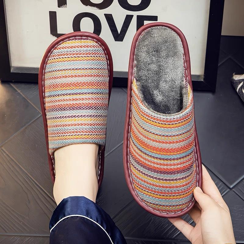 Japanese cotton slippers spring autumn and winter couple home indoor wooden floor soft cloth bottom silent non-slip cotton and linen slippers