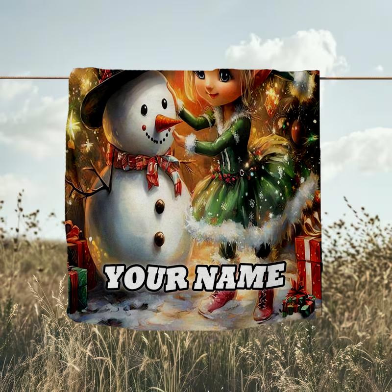 1PC Custom Name Christmas Elf Snowman Outdooor Flannel Blankets Throw Blanket All-Season Throw Gift Bedspread for Couch, Bed, Camping Holiday Birthda
