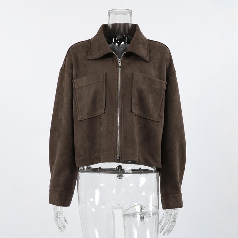Women Vintage Loose Brown Suede Jacket Casual Fashion Outerwear For Ladies