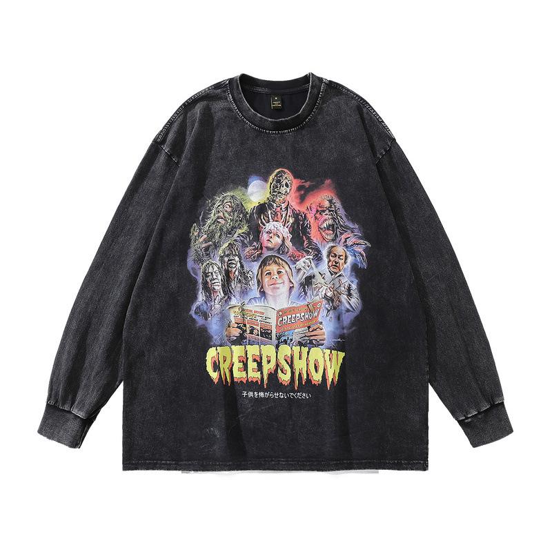 American High Street Retro Long-Sleeved T-Shirt White Ink Direct Spray Print Heavy Cotton Washed Crew Neck Sweatshirt Men'S Ins