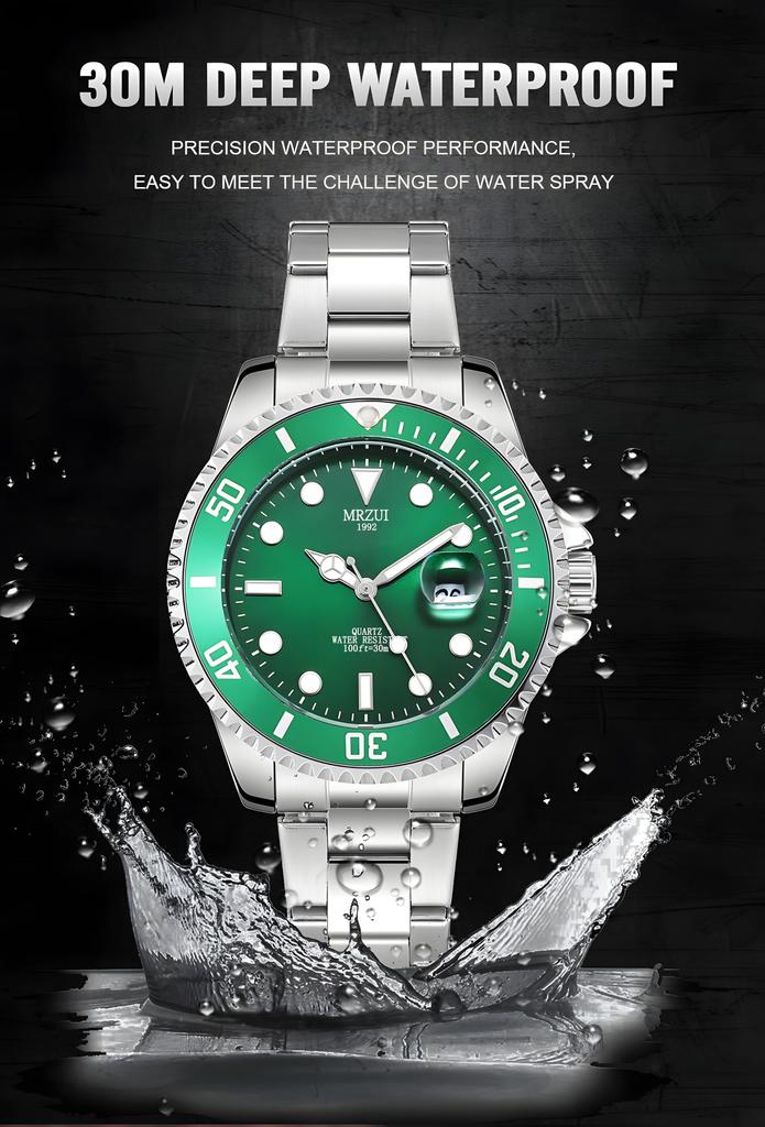 Zegarek MRZUI ze Stalą Nierdzewną Najwyższy Klasyk Submariner Date Popularny Kwarcowy Lśniąca Tarcza Męski Pasek, Zegarek. Wodoodporny, Ruch, Unisex,