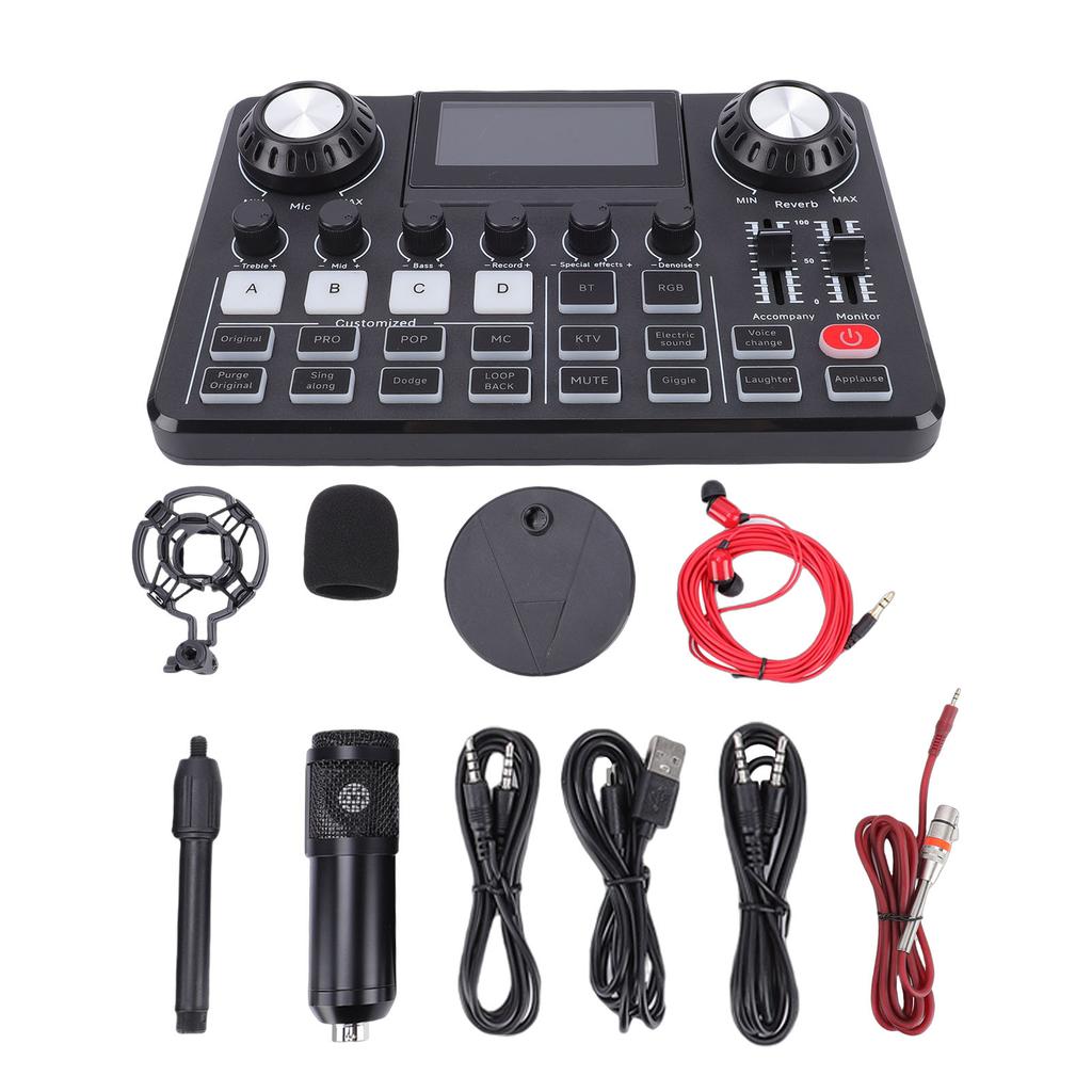 Podcast Microphone Bundle Sound Mixer Board Set with Foldable LED Screen Boom Arm 3.5mm Condenser Mic for PC Recording