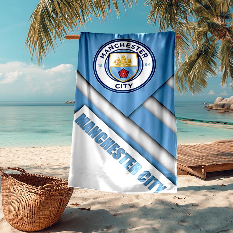 Manchester City Temalı Ultra Yumuşak Plaj Havlusu, Havuz - Kamp, Dalış İçin İdeal - Mükemmel Seyahat Gereci, Canlı Renkli Plaj Havlusu.